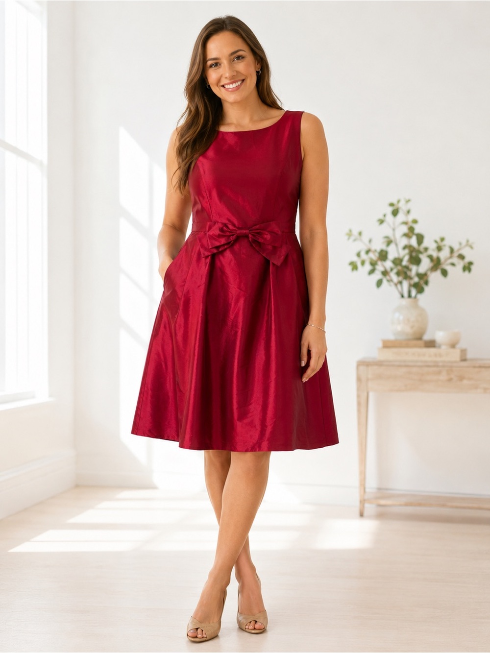 Tahari Levine Studio Sleeveless Red Bow-Applique A-Line Dress Size 12 NEW